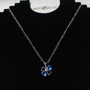 Silver and Blue Clover Leaf Crystal Necklace